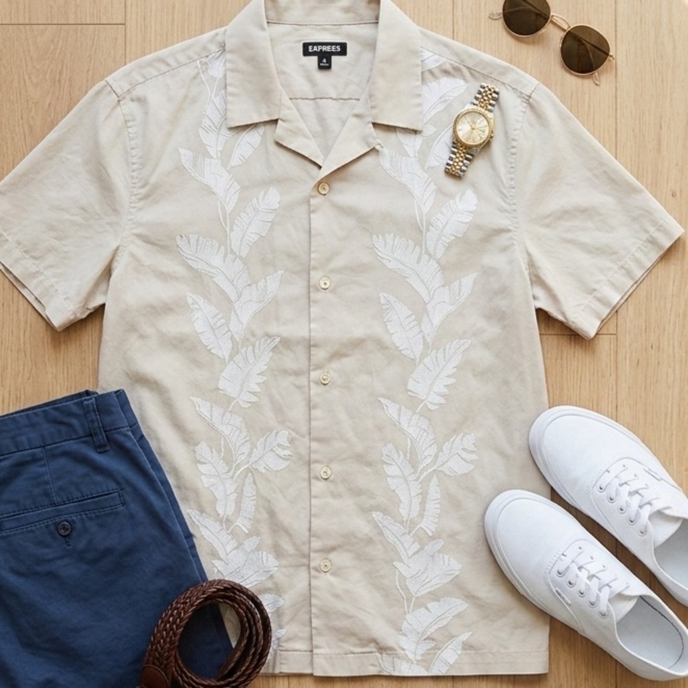 Express Beige Short Sleeve Shirt with White Leaf Design size xl